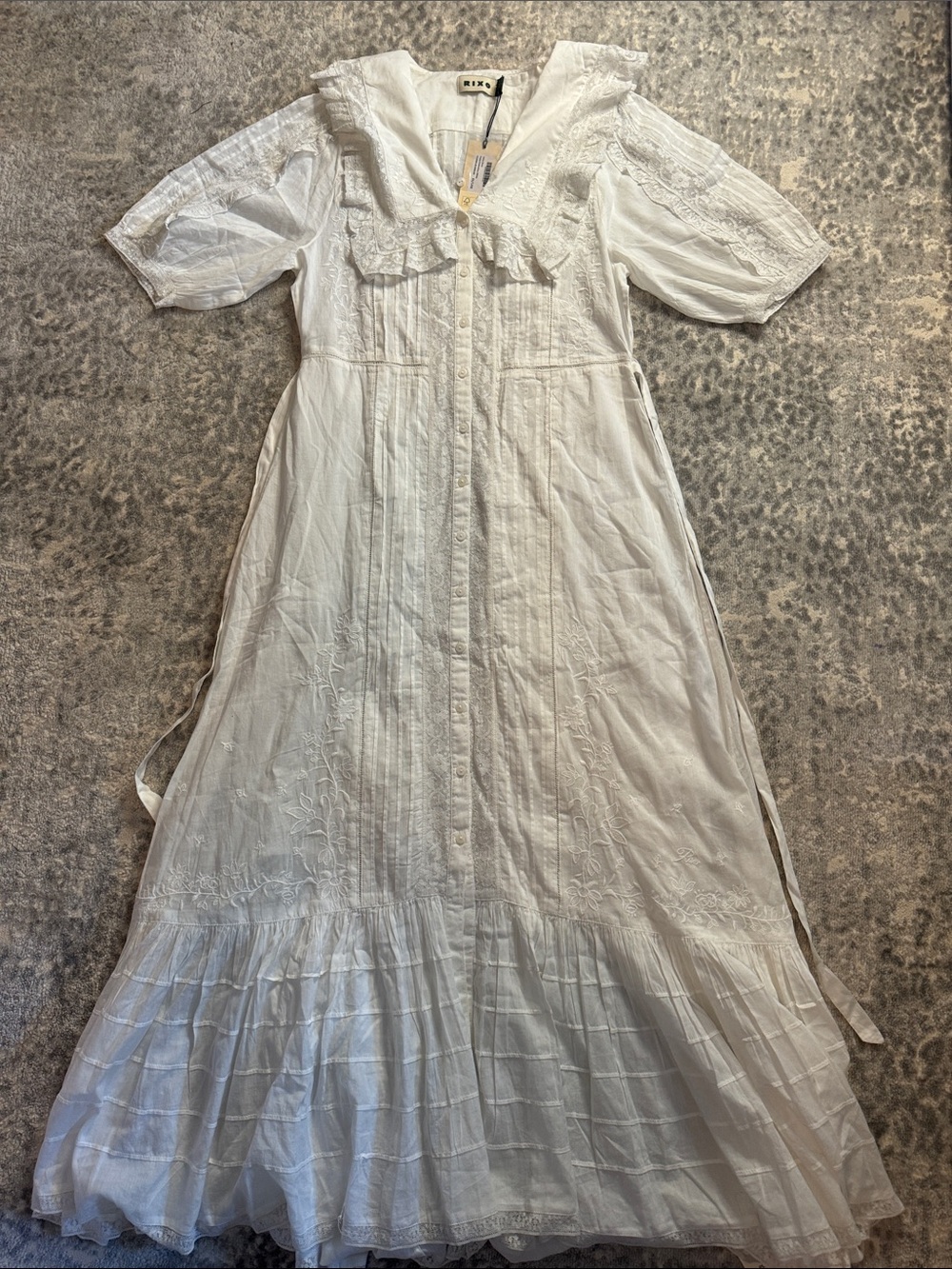 RIXO White Lace-Trim Button-Front Maxi Dress